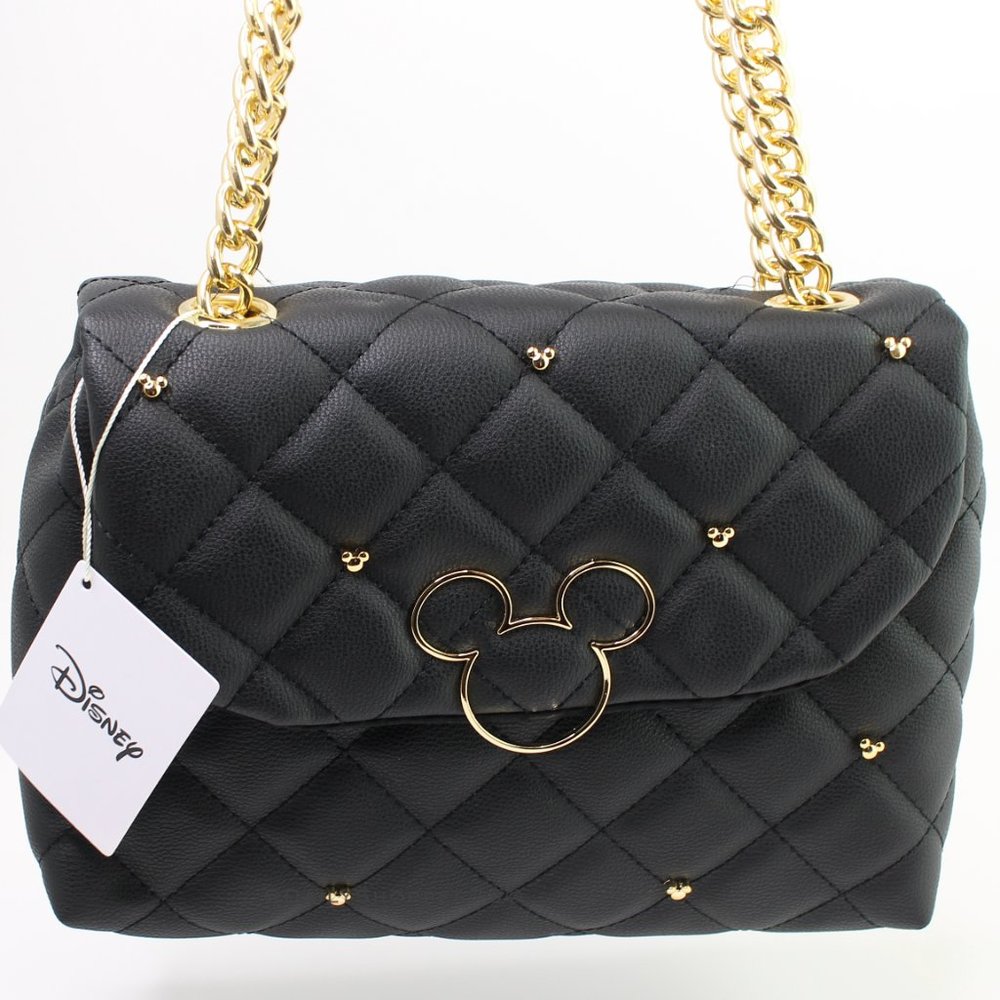 Disney Mickey Mouse Chunky Chain Quilted Black Vegan Leather Handbag - Picture 2 of 5